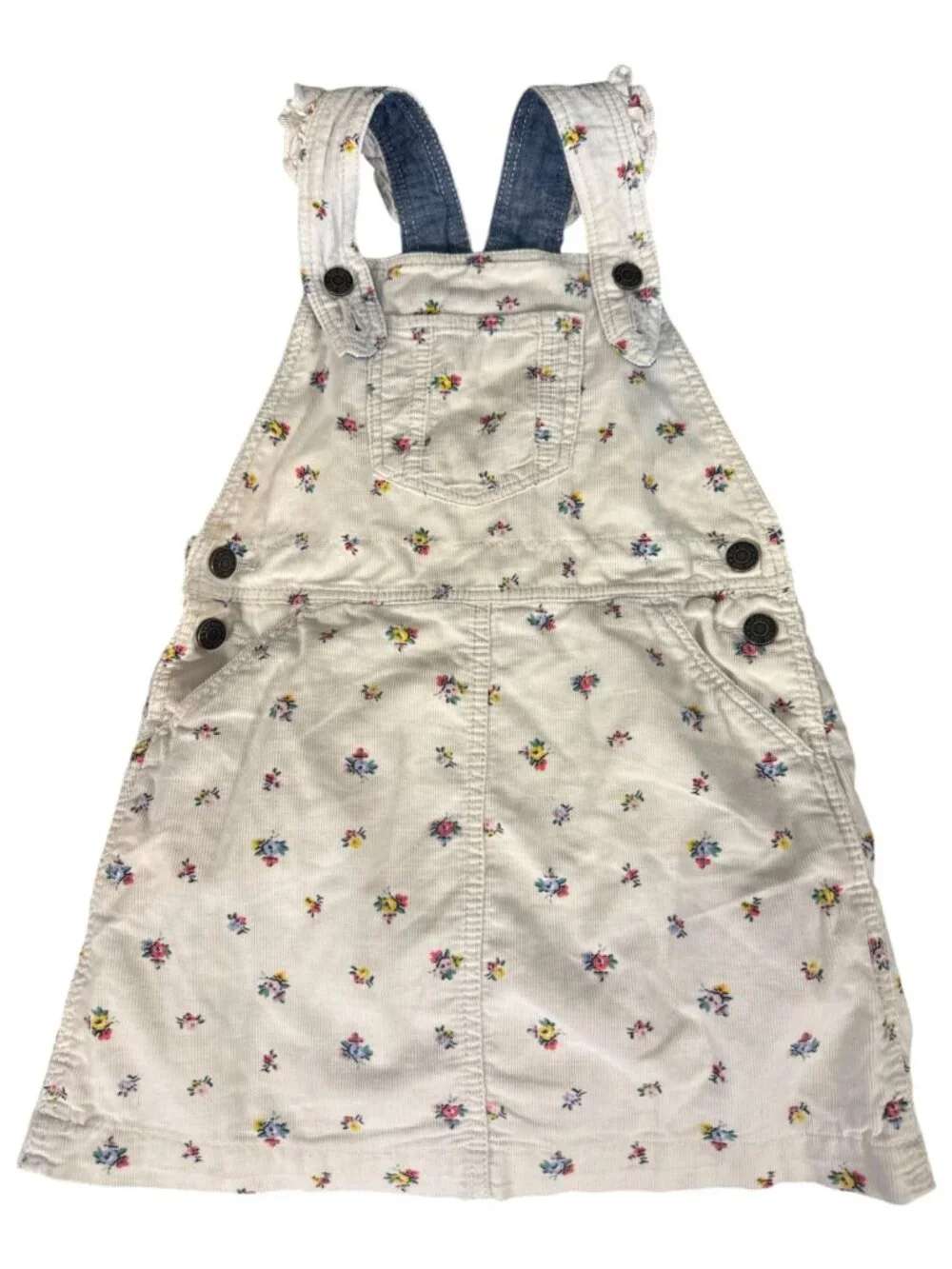 Gap Toddler Girls Approx 4 White Blue Pink Floral Corduroy Overall Jumper Dress